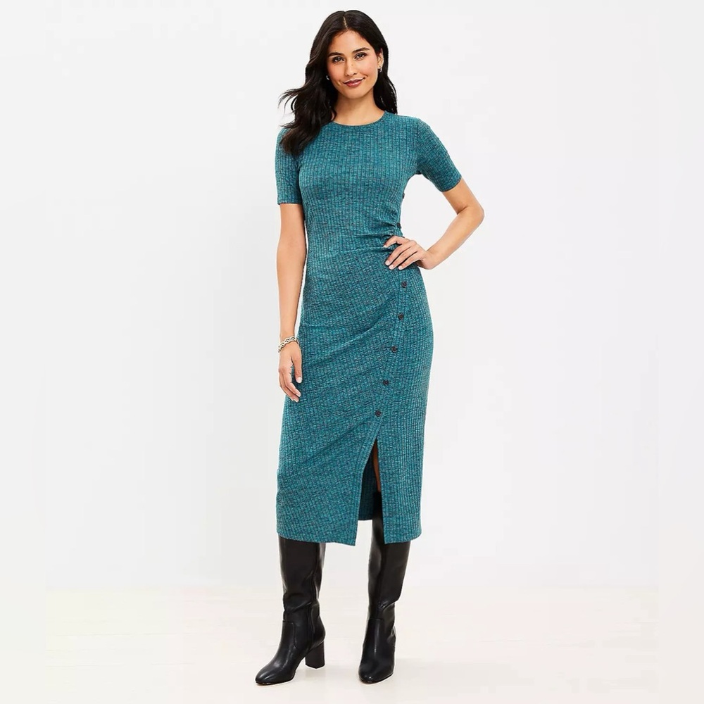 NWT LOFT Petite Spacedye Ribbed Side Button Midi Dress size 00 petite*** 👗